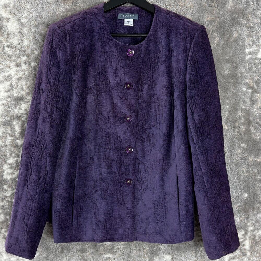 Koret Womens Size 10 Chenille Velvet Knit Button Jacket Purple Long Sleeve Lined
